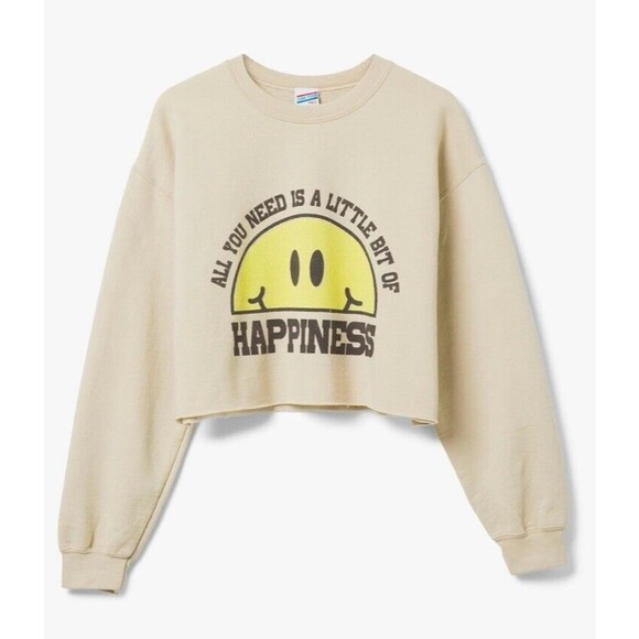 Junk Food Cropped Sweatshirt All You Need Is A Little Bit‎ Of Happiness Beige SM - Picture 2 of 14
